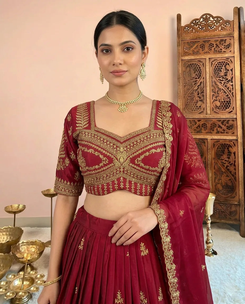 Wine-burgundy Synthetic Silk Zari-Embroidered Lehenga, Blouse & Dupatta Set.