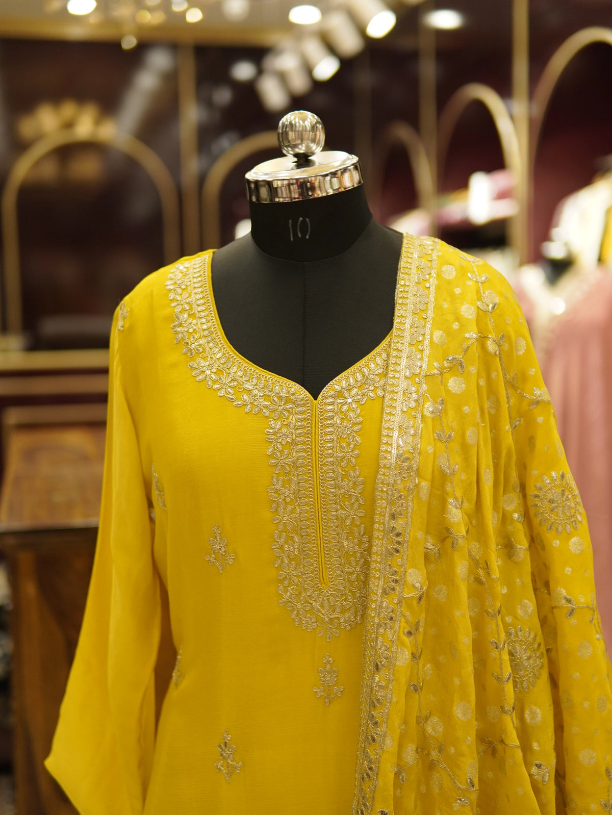 Yellow Zari Gota Patti Kurti Sharara Set - view 3