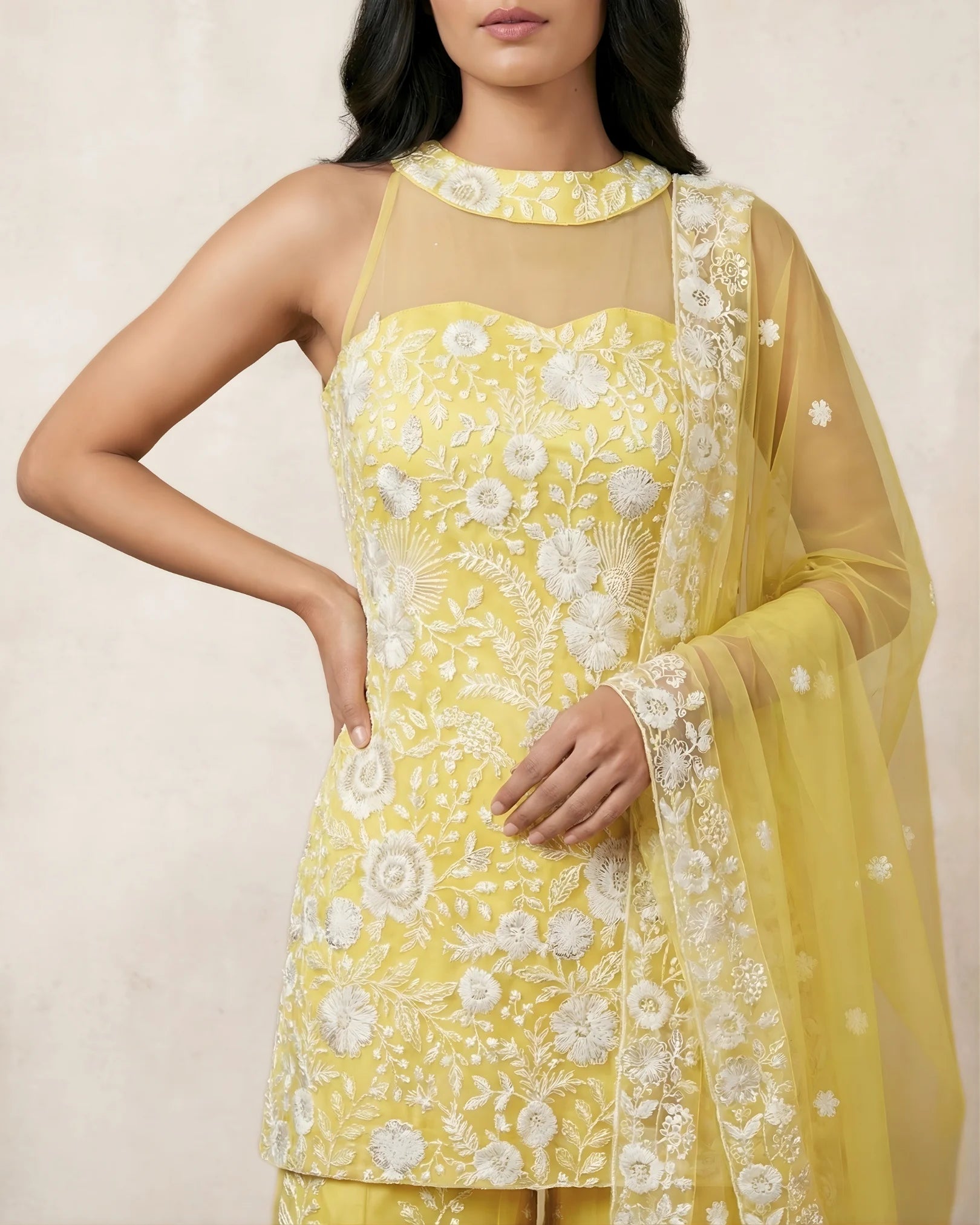 Light-Yellow Thread-Sequin-Embroidery Halter-Neck Kurti Sharara Pants & Dupatta Set.