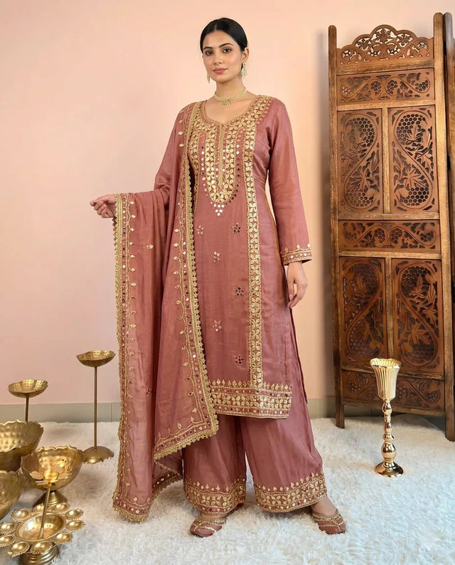 Pinkish Brown Mirror Gota Kurti Palazzo Set - view 1