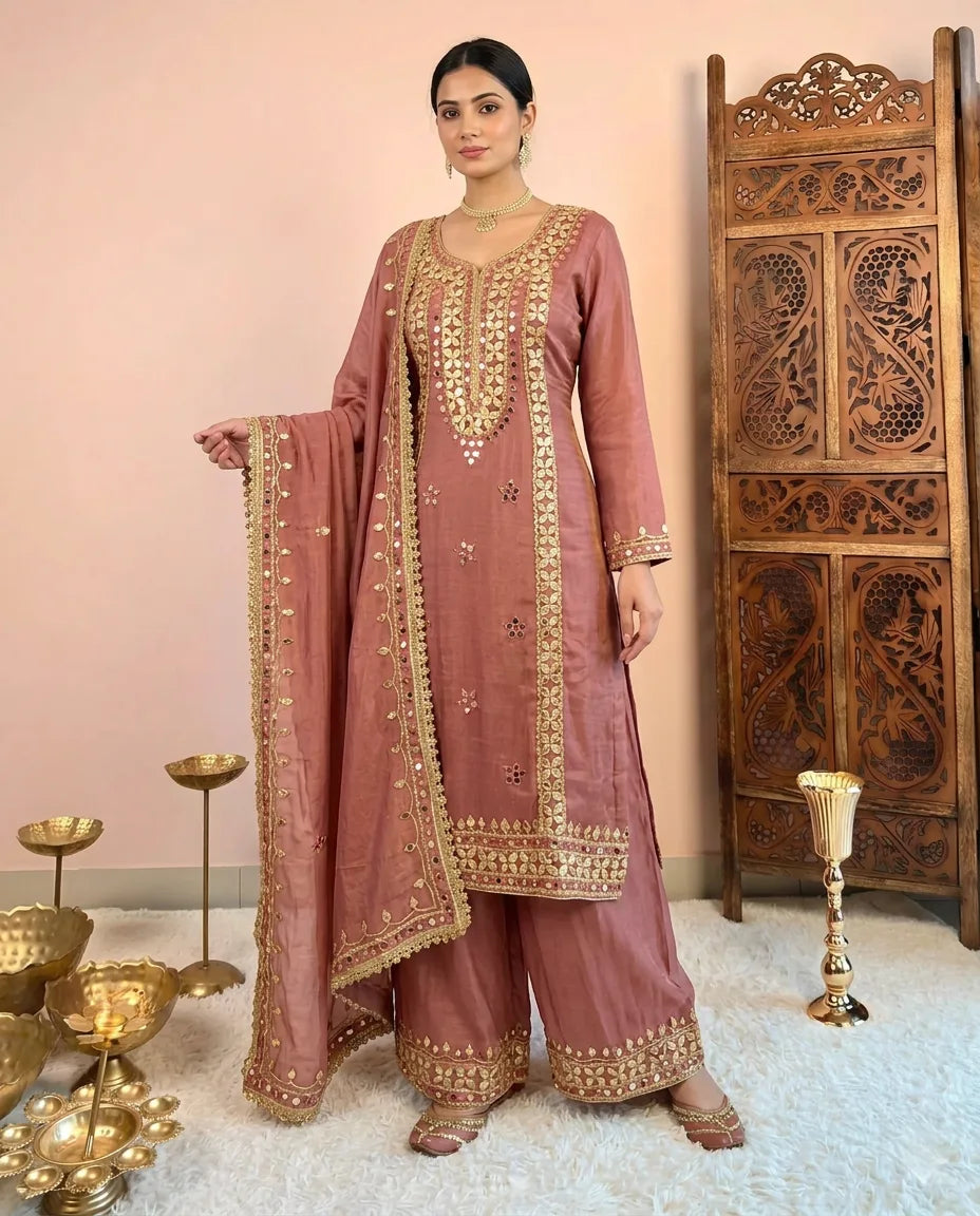 Pinkish-Brown Mirror-Gota-Embroidery Silken-Tissue Kurti Suit , Palazzo Pants & Dupatta Set.