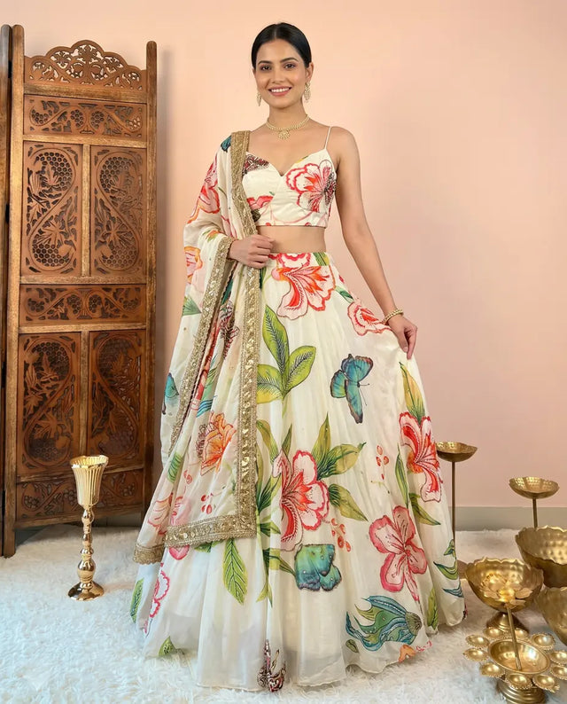 Off White Crepe Silk Floral Lehenga Set - view 1