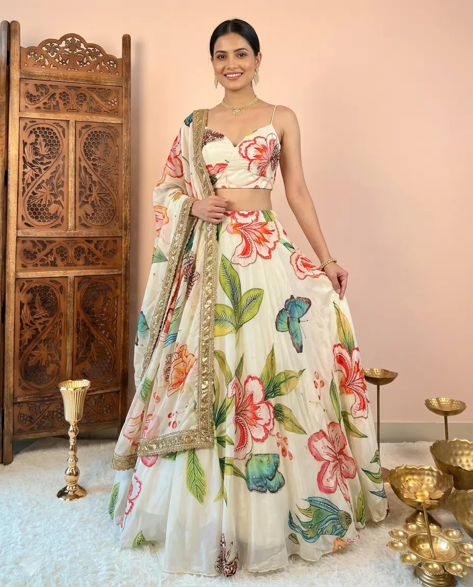 Off-White Crepe-Silk Floral-Printed Cut-dana-Pearl Highlight Lehenga, Blouse & Dupatta Set.