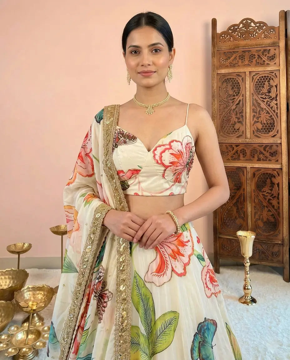 Off-White Crepe-Silk Floral-Printed Cut-dana-Pearl Highlight Lehenga, Blouse & Dupatta Set.