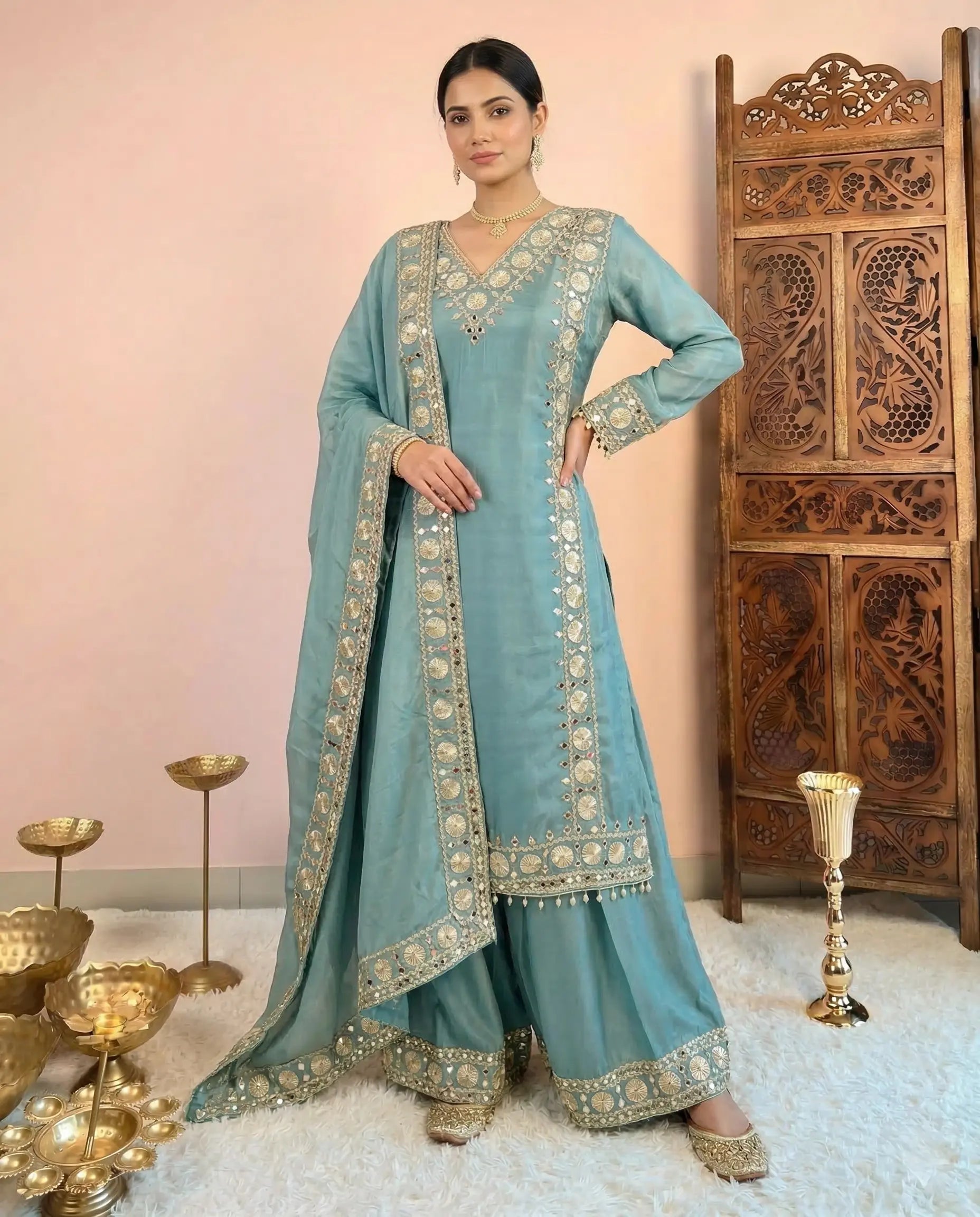 Turquoise Mirror-Gota-Embroidery Silken-Tissue Kurti Suit , Palazzo Pants & Dupatta Set.