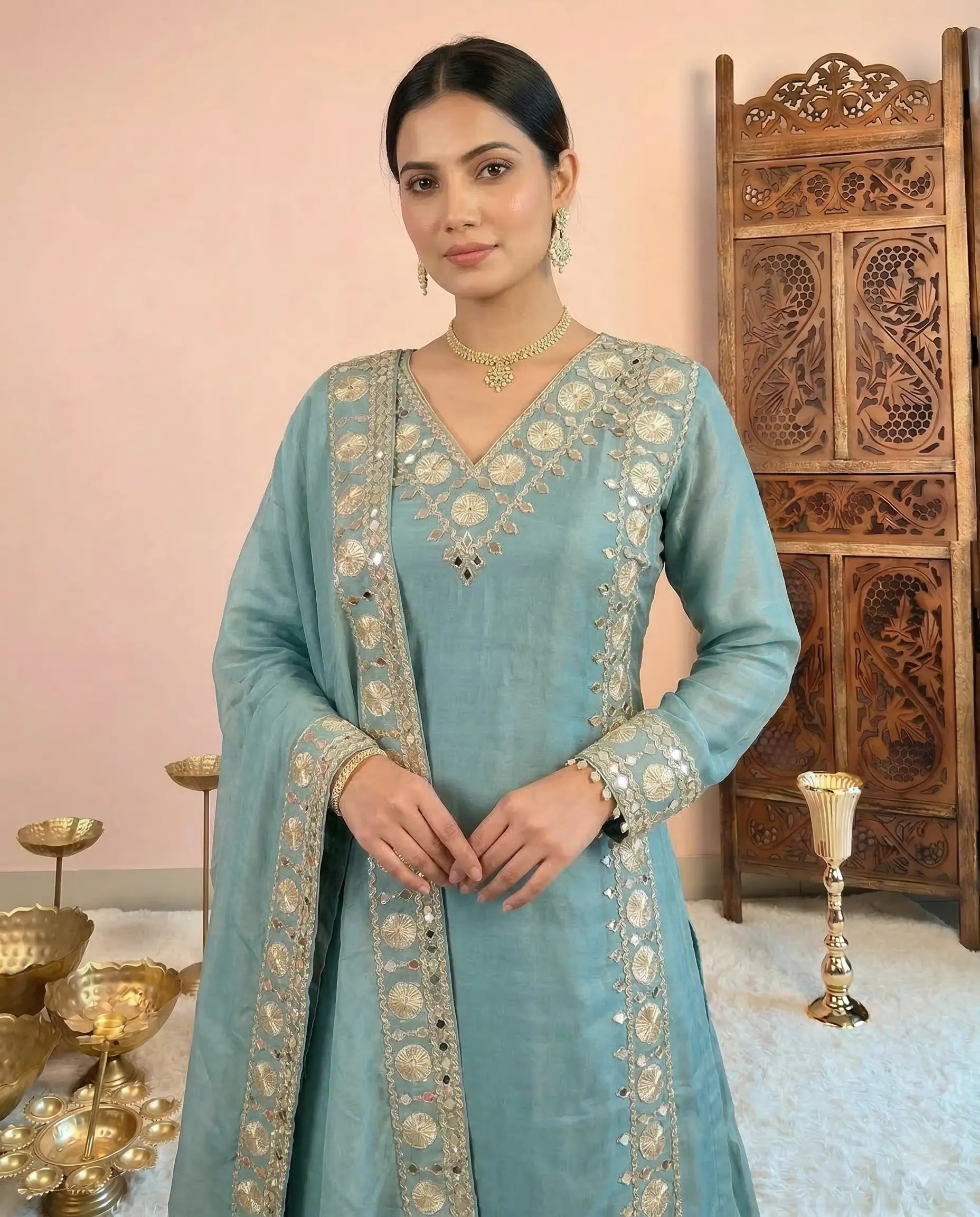 Turquoise Mirror-Gota-Embroidery Silken-Tissue Kurti Suit , Palazzo Pants & Dupatta Set.