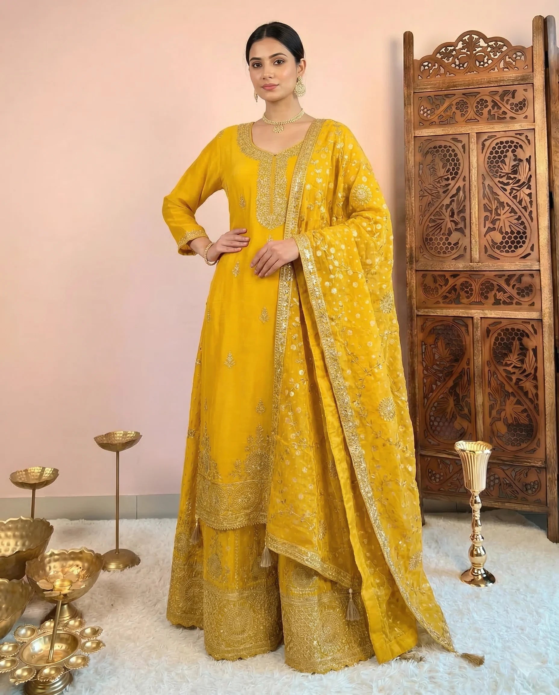 Yellow Zari-Embroidery & Gota-Patti Chinnon Kurti Suit , Sharara Pants & Dupatta Set.