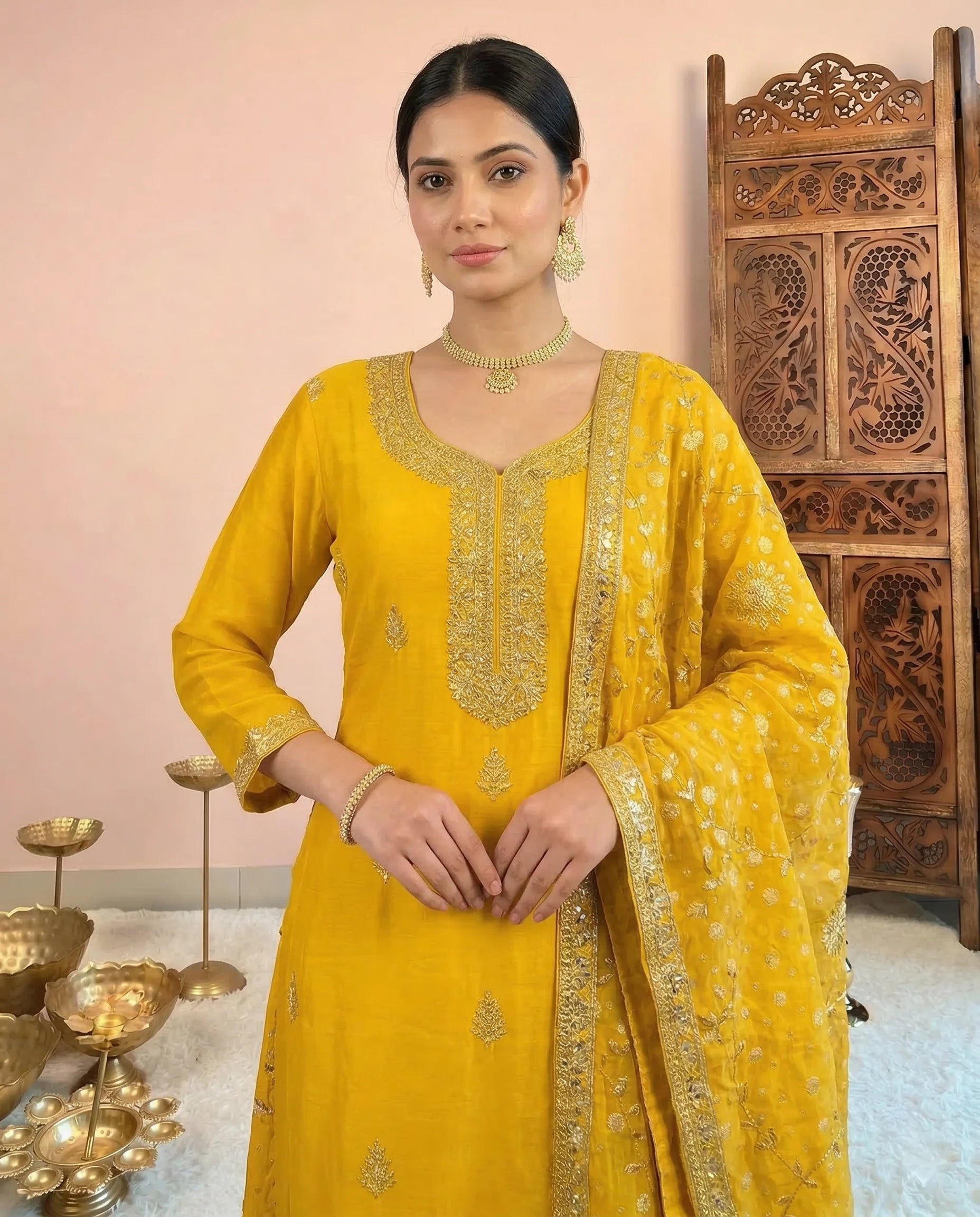 Yellow Zari-Embroidery & Gota-Patti Chinnon Kurti Suit , Sharara Pants & Dupatta Set.