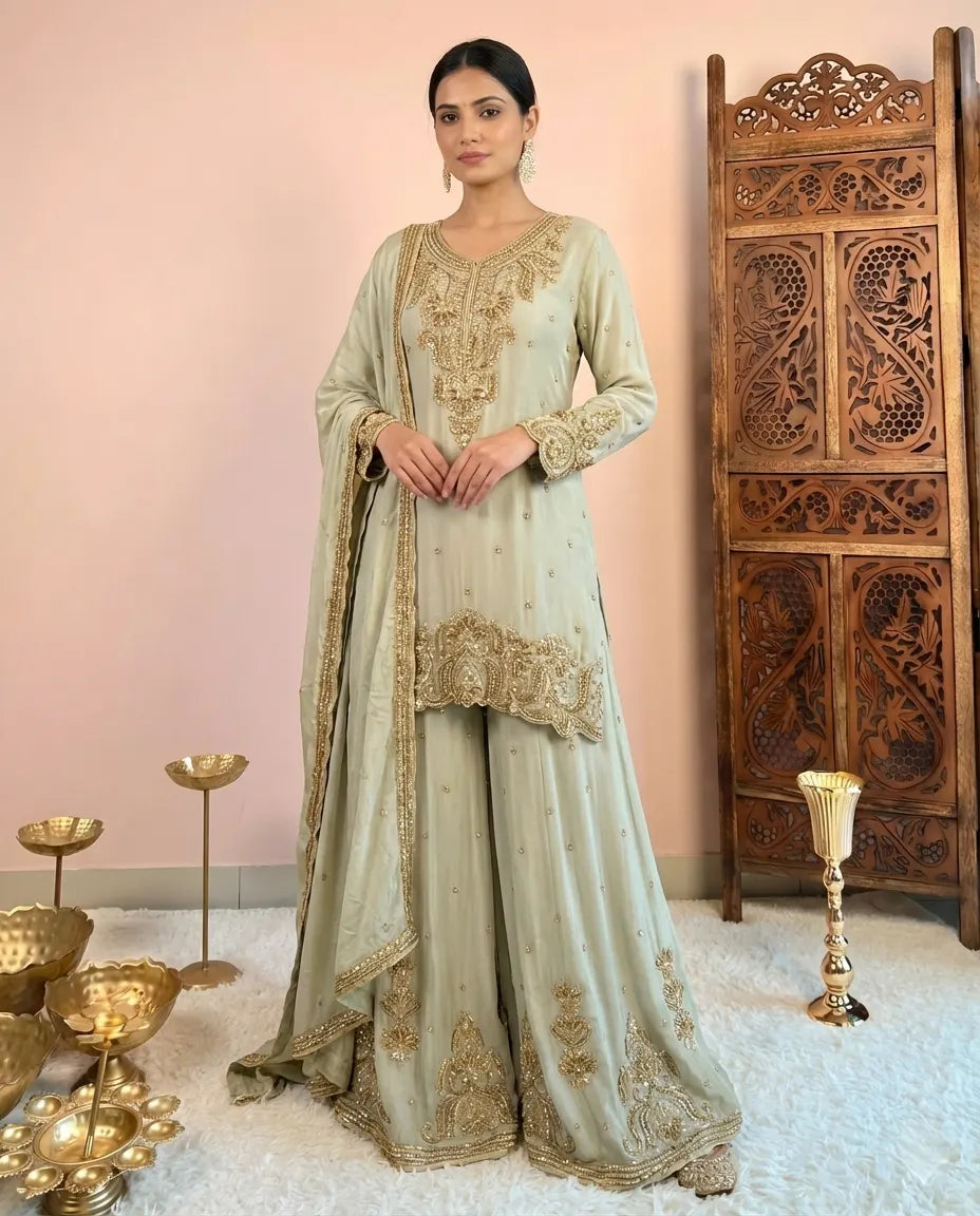 Ash-Grey Cutdana-Embroidery Silken-Chinnon Kurti Suit , Sharara Pants & Dupatta Set.