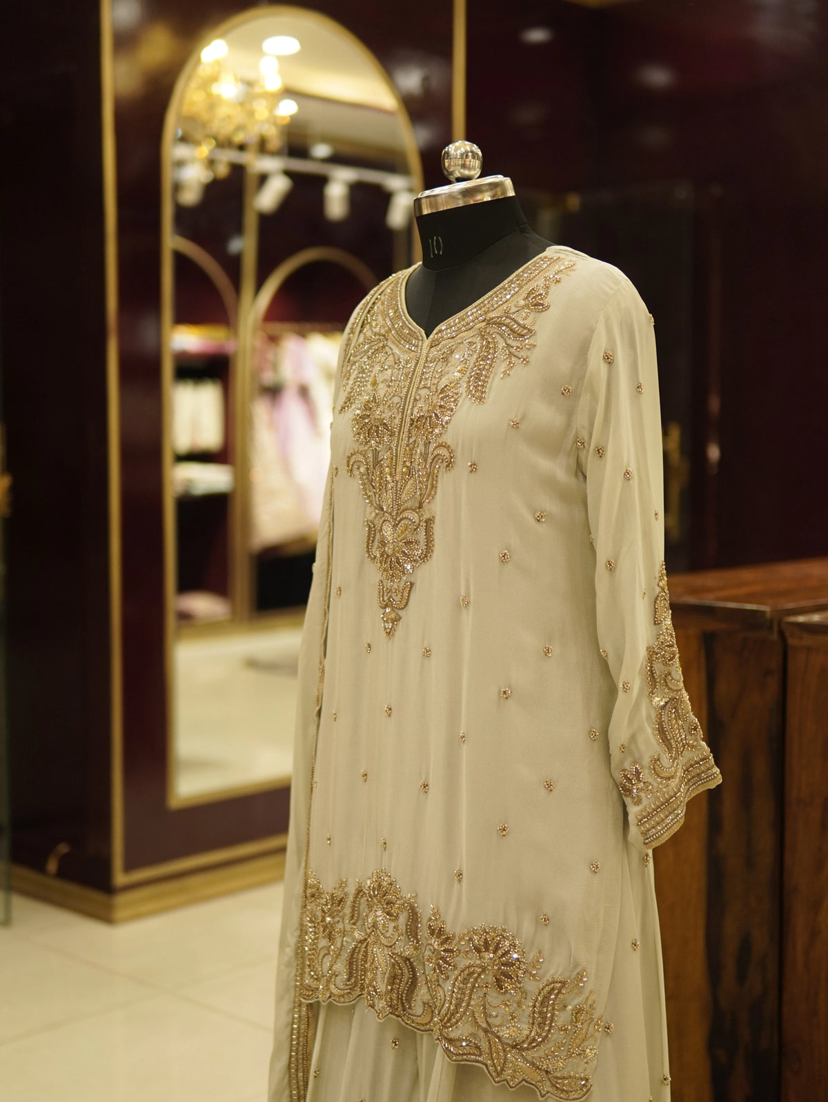Ash Grey Chinnon Cutdana Kurti Sharara Set - view 5