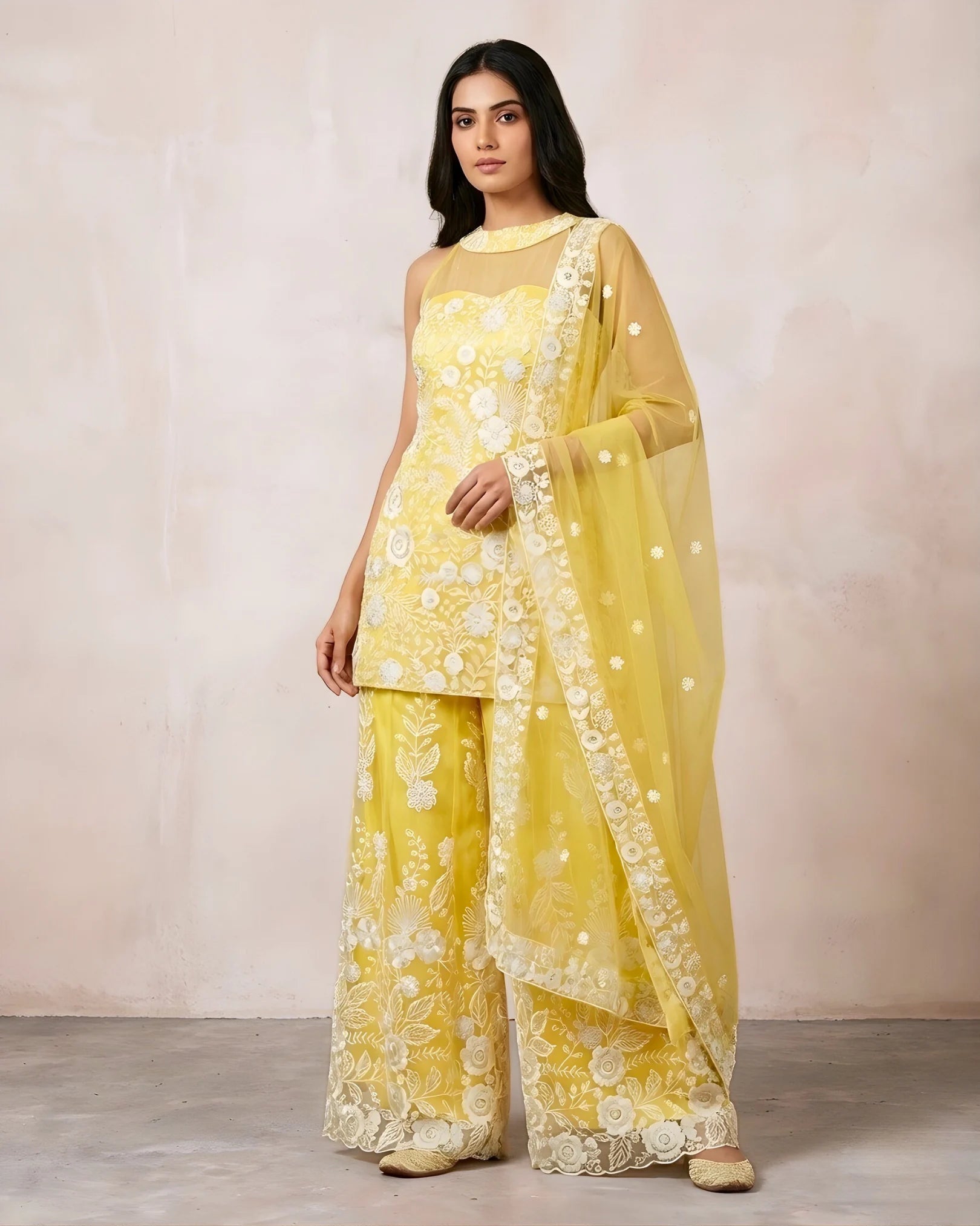 Light-Yellow Thread-Sequin-Embroidery Halter-Neck Kurti Sharara Pants & Dupatta Set.