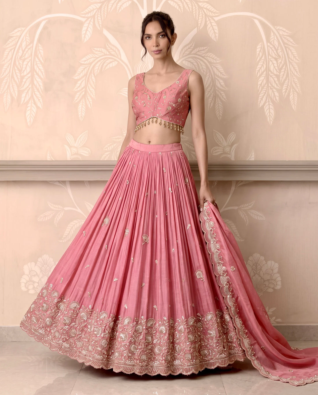 Baby Pink Tissue Silk Pearl Cutdana Lehenga Set - view 3