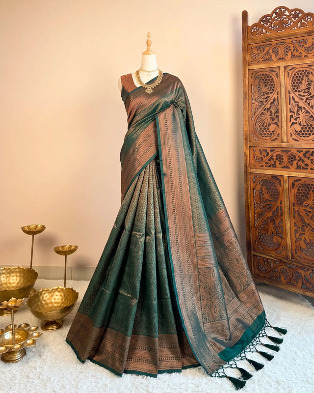 Bottle Green Soft Silk Zari South Saree - view 1