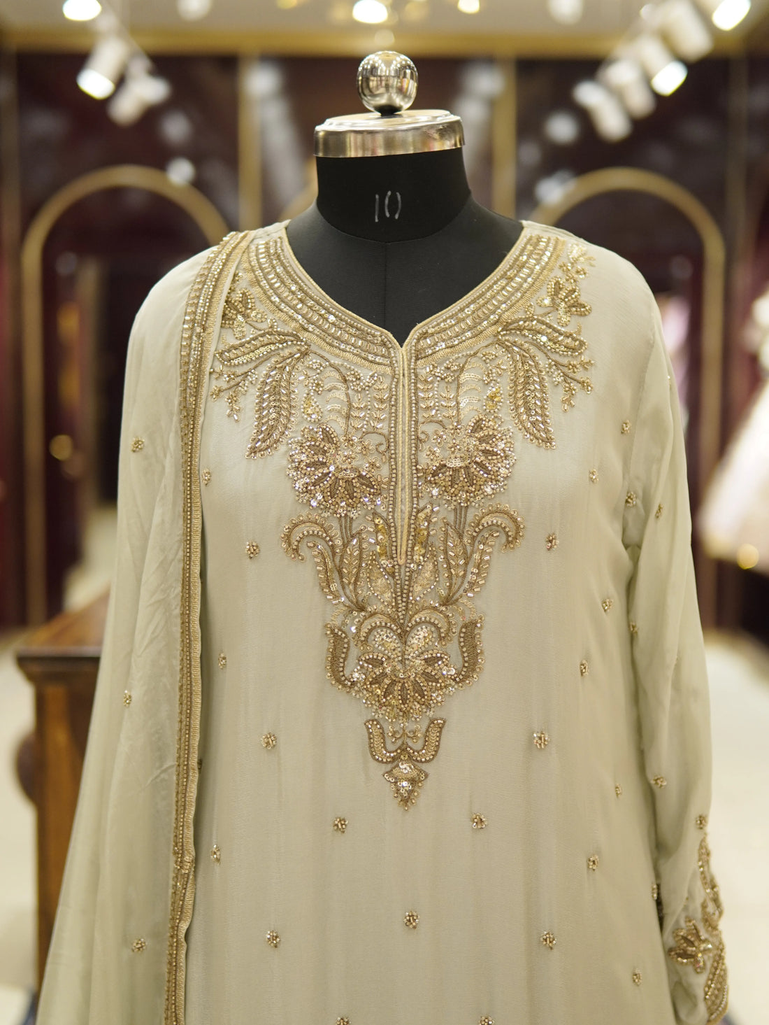 Ash Grey Chinnon Cutdana Kurti Sharara Set - view 4