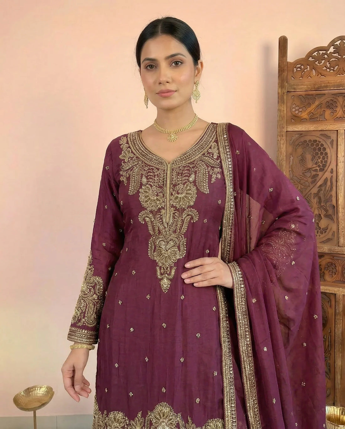 Wine Cutdana Chinnon Kurti Sharara Set - view 2
