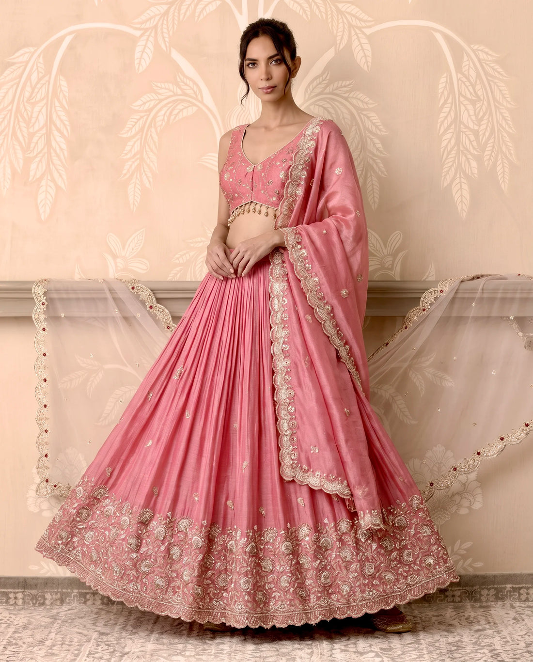 Baby Pink Tissue Silk Pearl Cutdana Lehenga Set - view 5