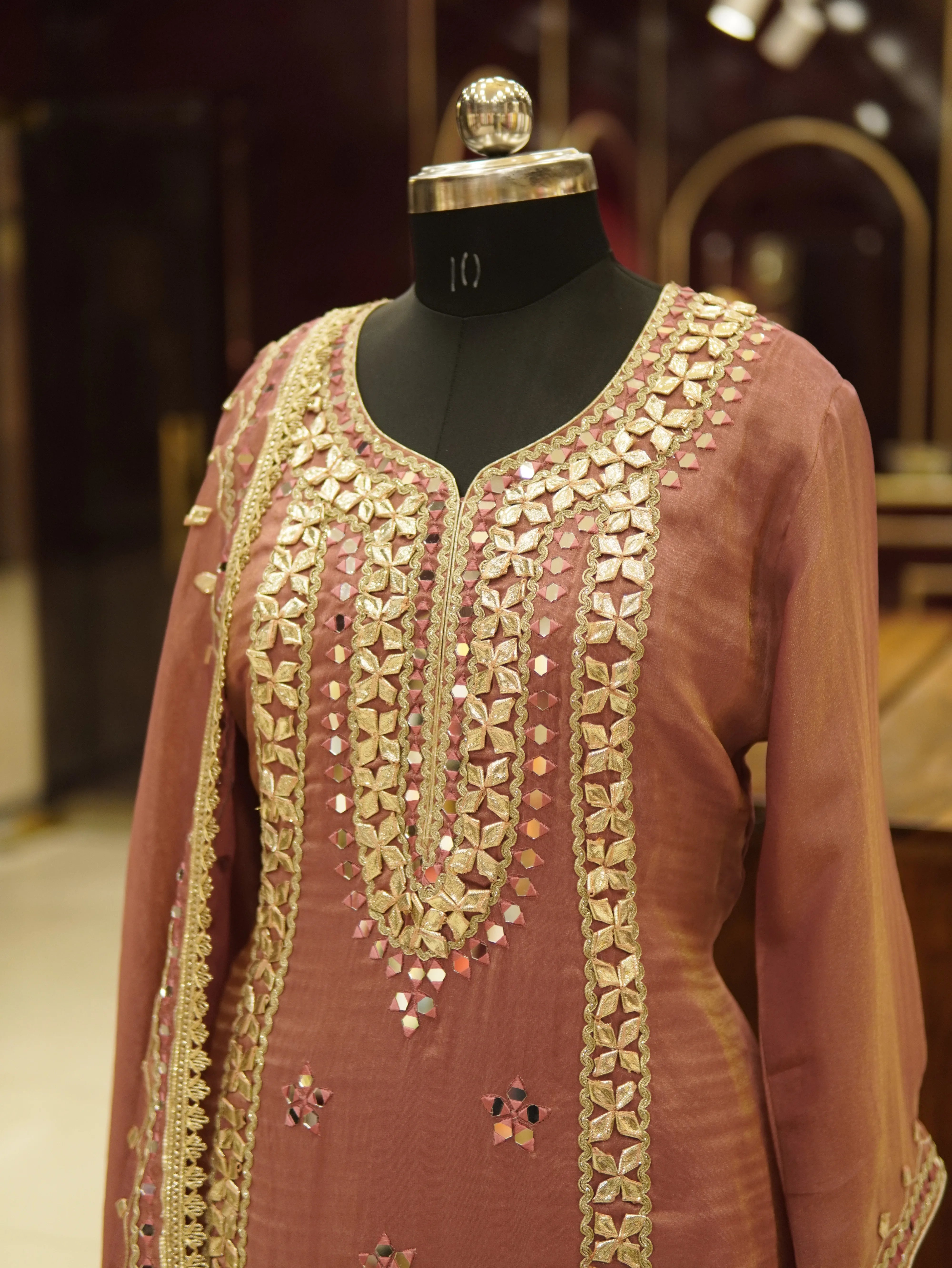 Pinkish-Brown Mirror-Gota-Embroidery Silken-Tissue Kurti Suit , Palazzo Pants & Dupatta Set.